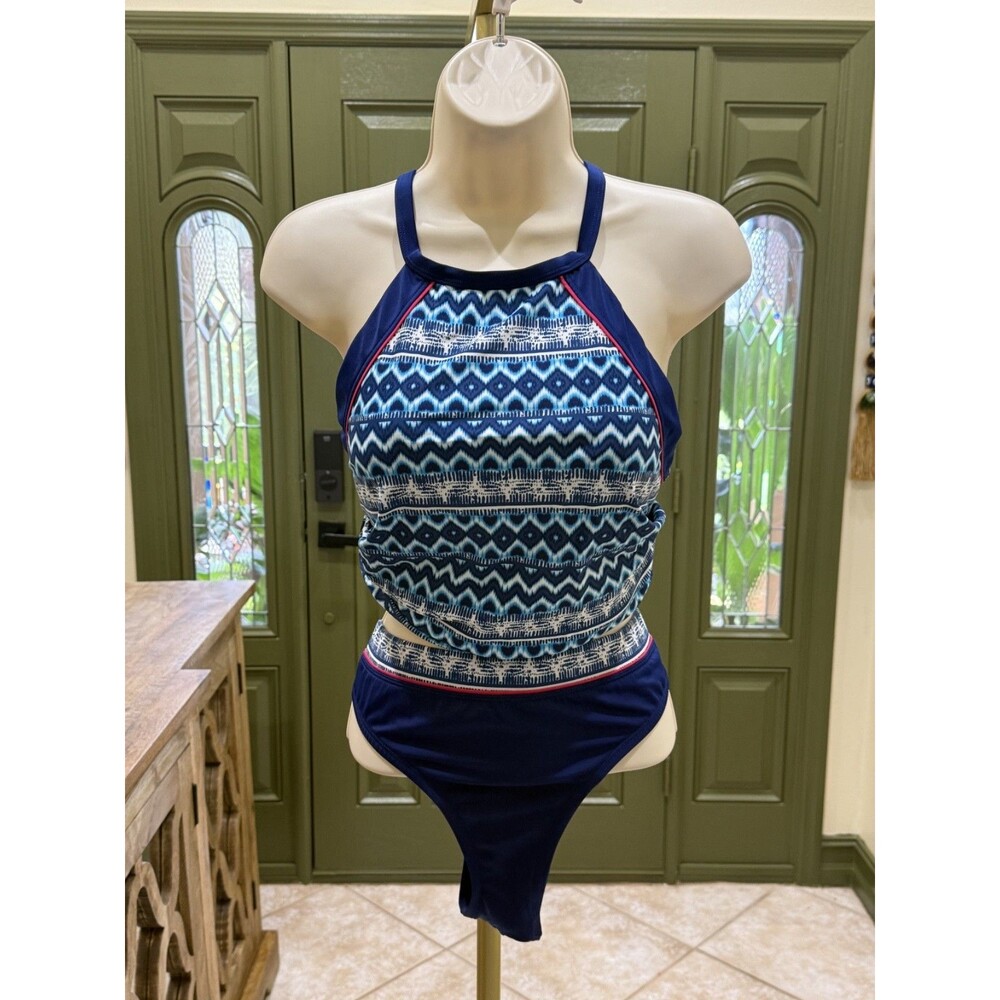 Xhilaration blue & white geometric print high neck tankini set size 14